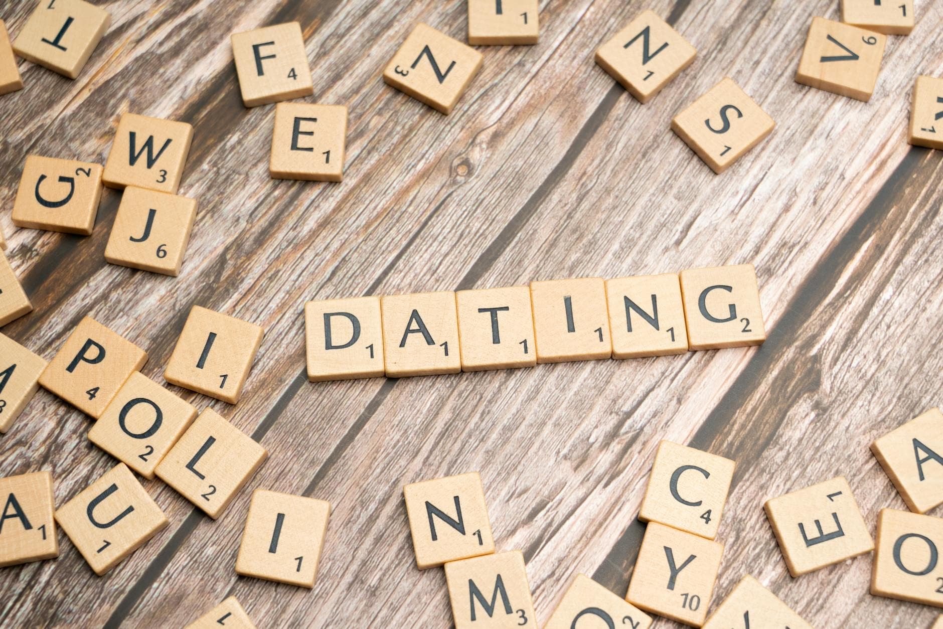Scrabble tiles forming 'Dating' on a wooden background, representing relationships. - online dating tips men