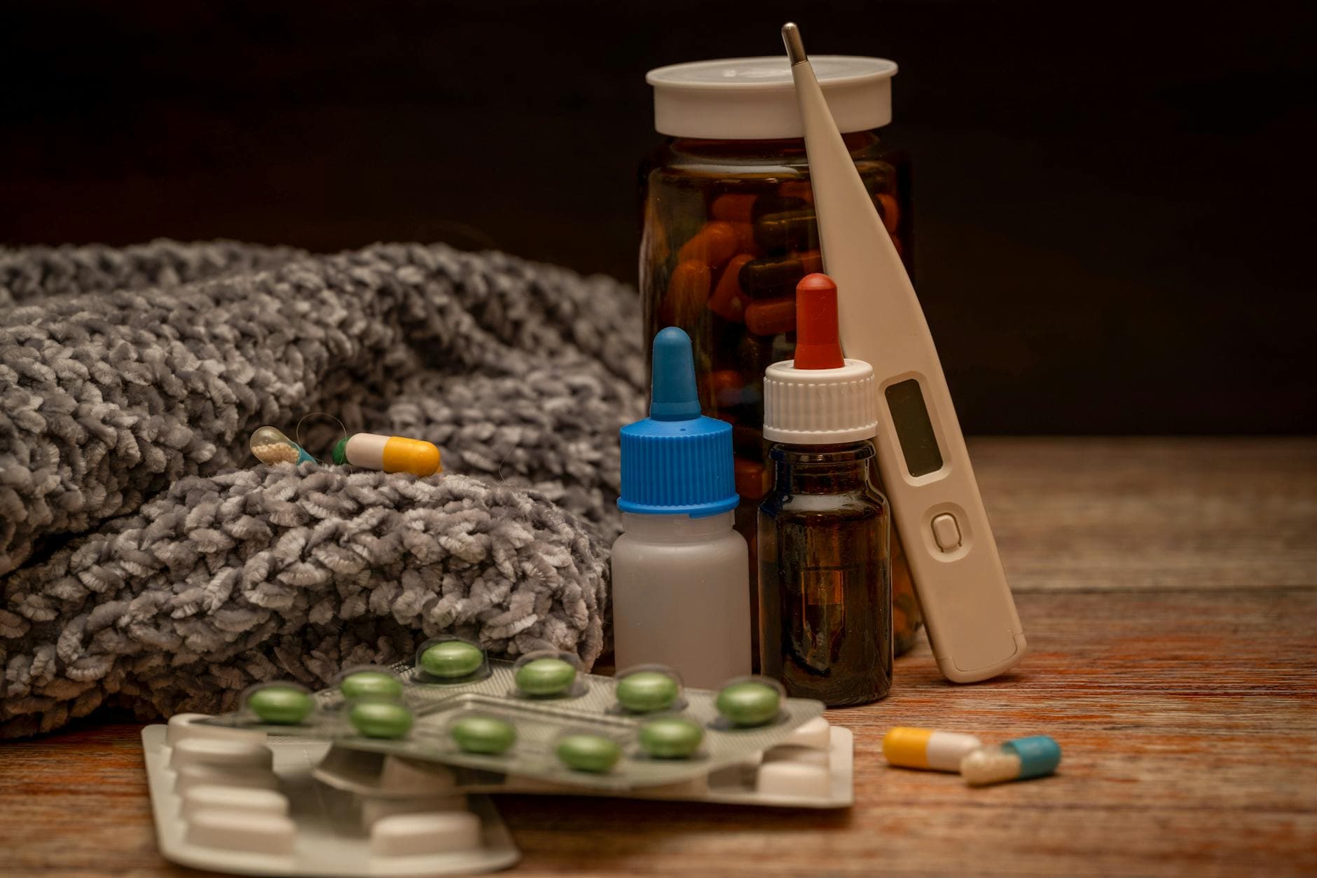 A collection of cold remedies and medications for relief during winter illness. - winter blues natural remedies