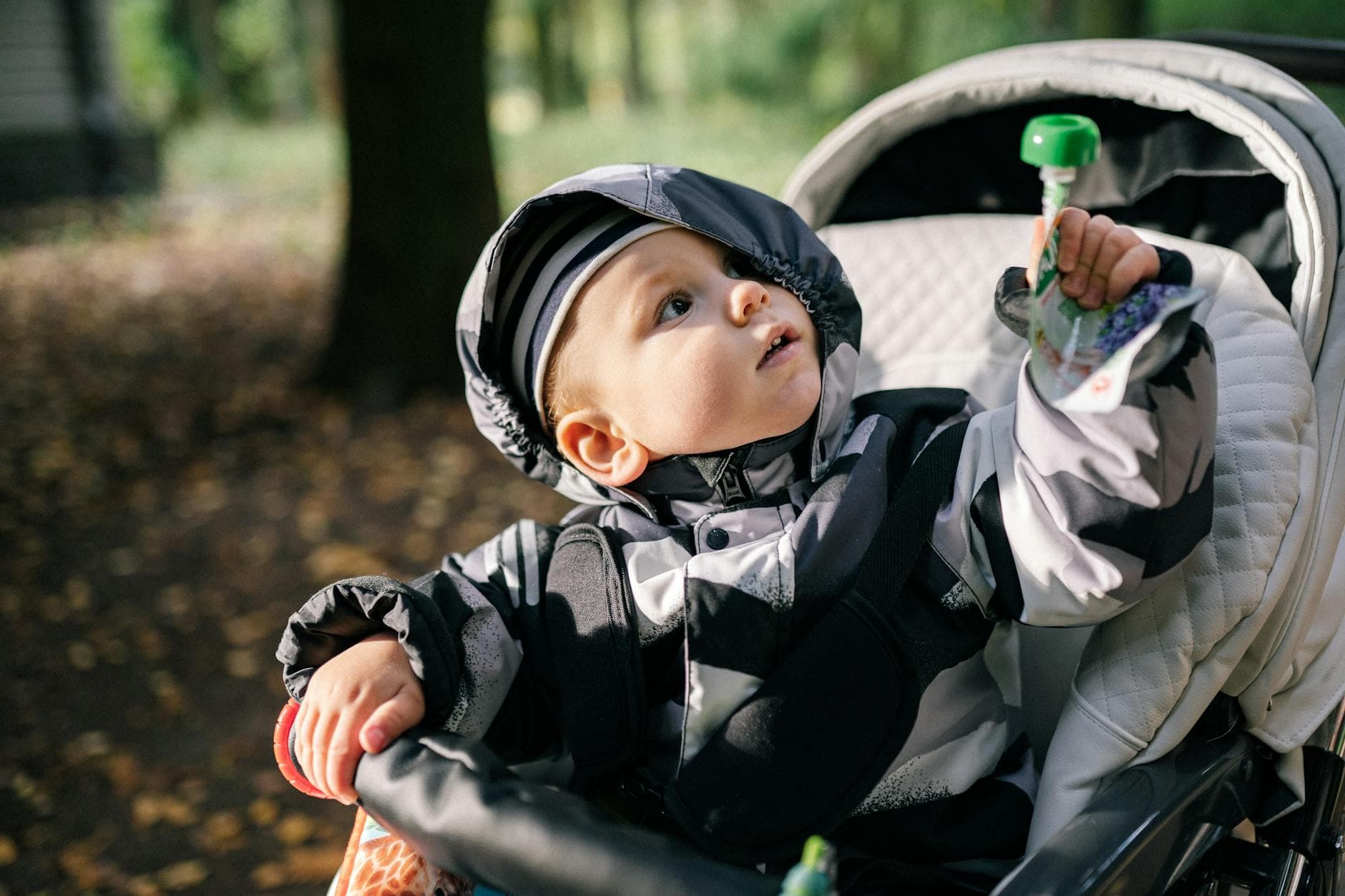 Cute baby boy in a stroller exploring nature in a warm jacket. - child developmental milestones