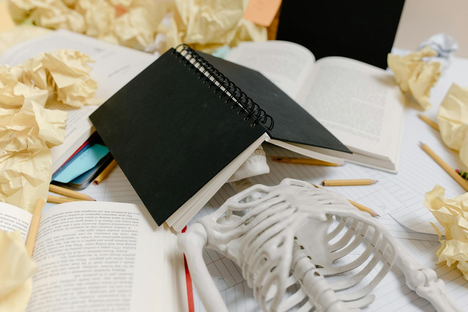A symbolic display of academic burnout with a notebook, skeleton, and crumpled papers. - manage overwhelm cbt