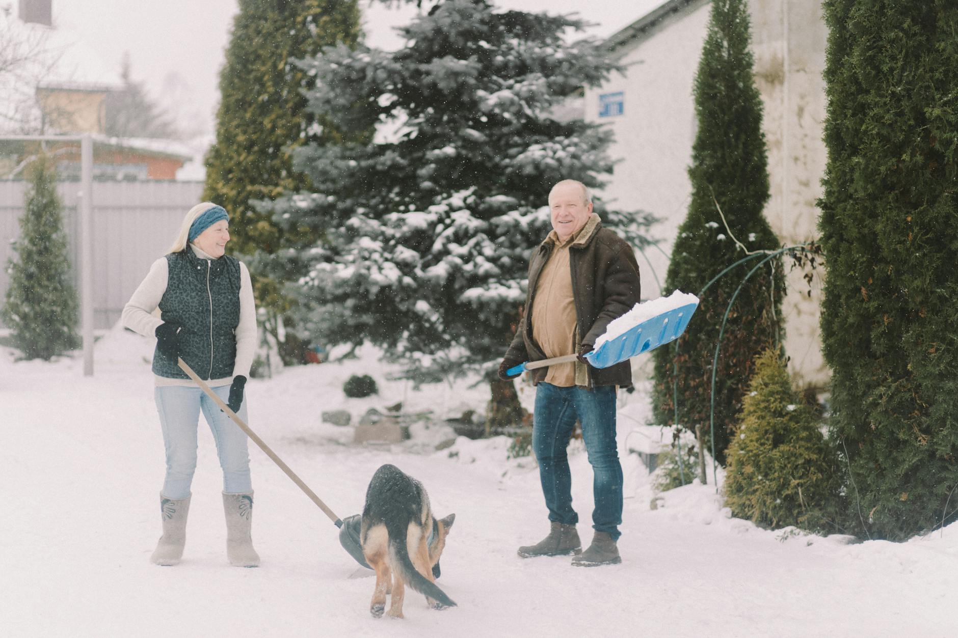 Happy senior couple shoveling snow with their dog on a winter day. - cold weather couple communication