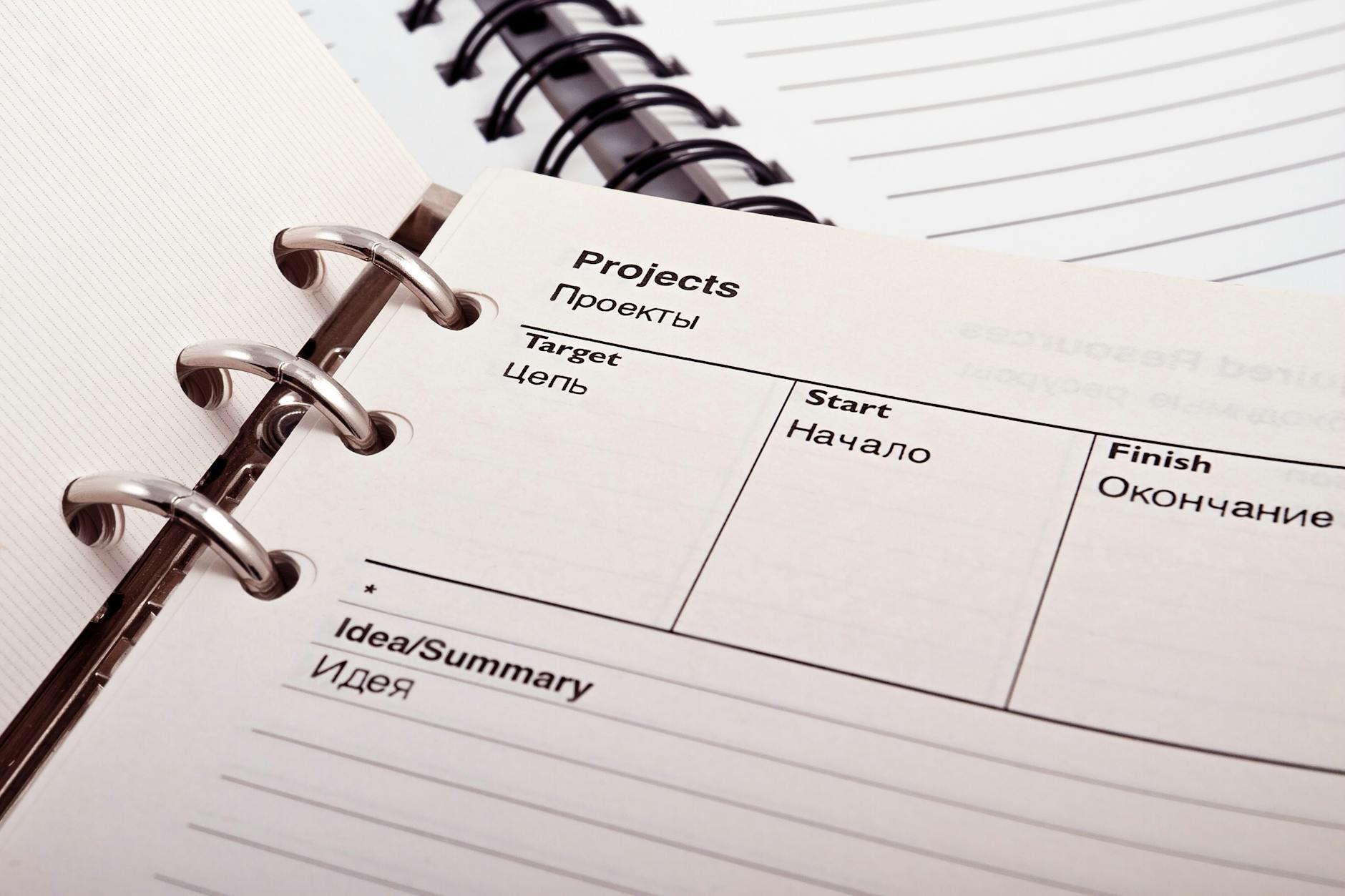 Open planner displaying project schedule with Russian-English text, ideal for office or educational content. - winter love languages ideas