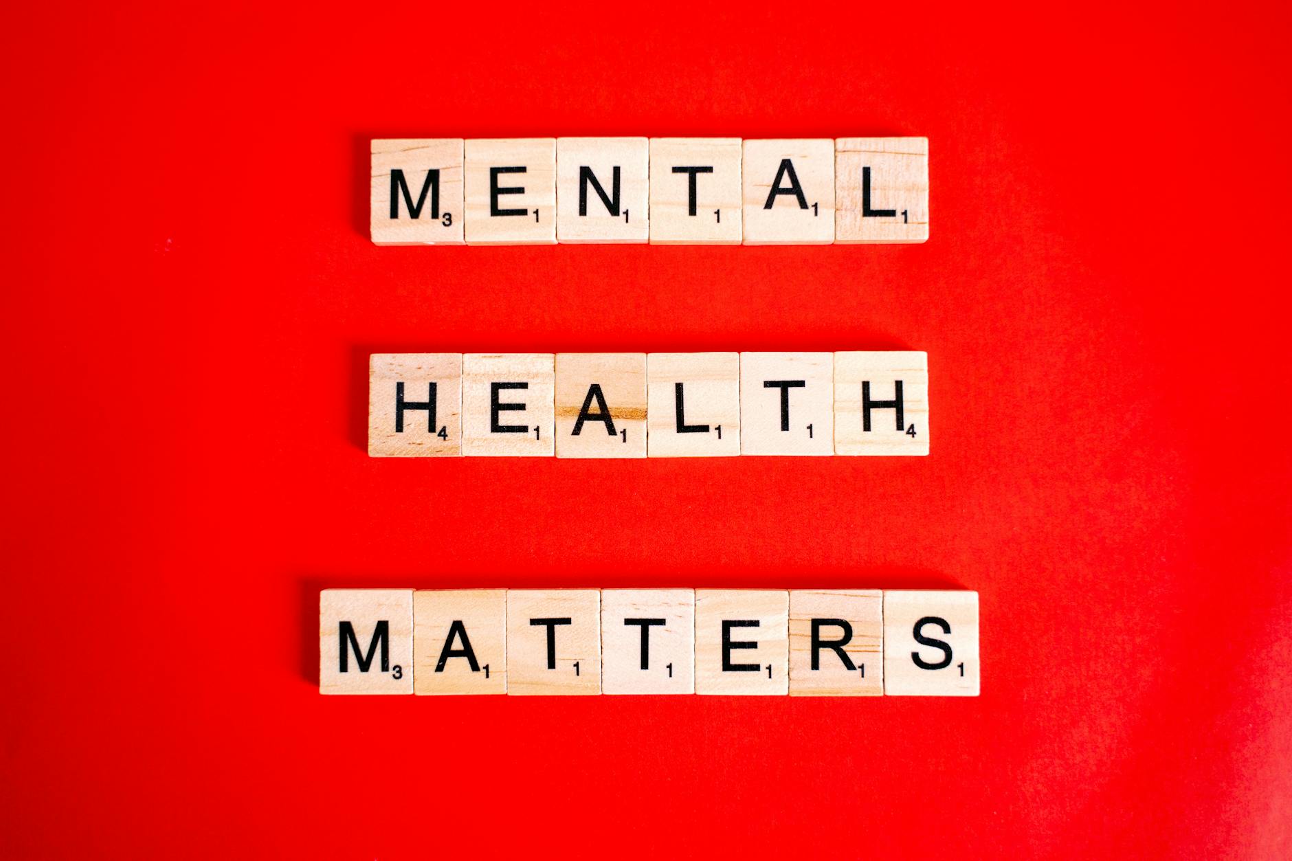 Wooden tiles spelling 'Mental Health Matters' on a vivid red background. - winter mental health gut health