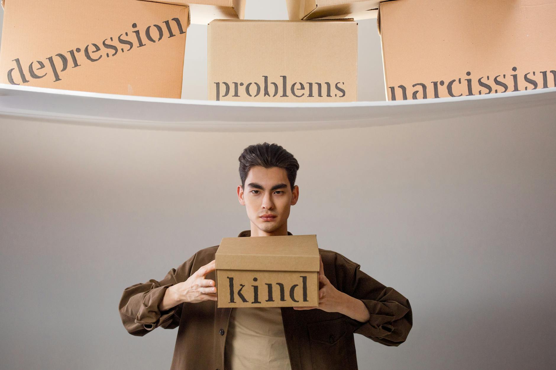 Creative image depicting a person balancing emotional concepts represented on cardboard boxes. - self-compassion after failed resolutions