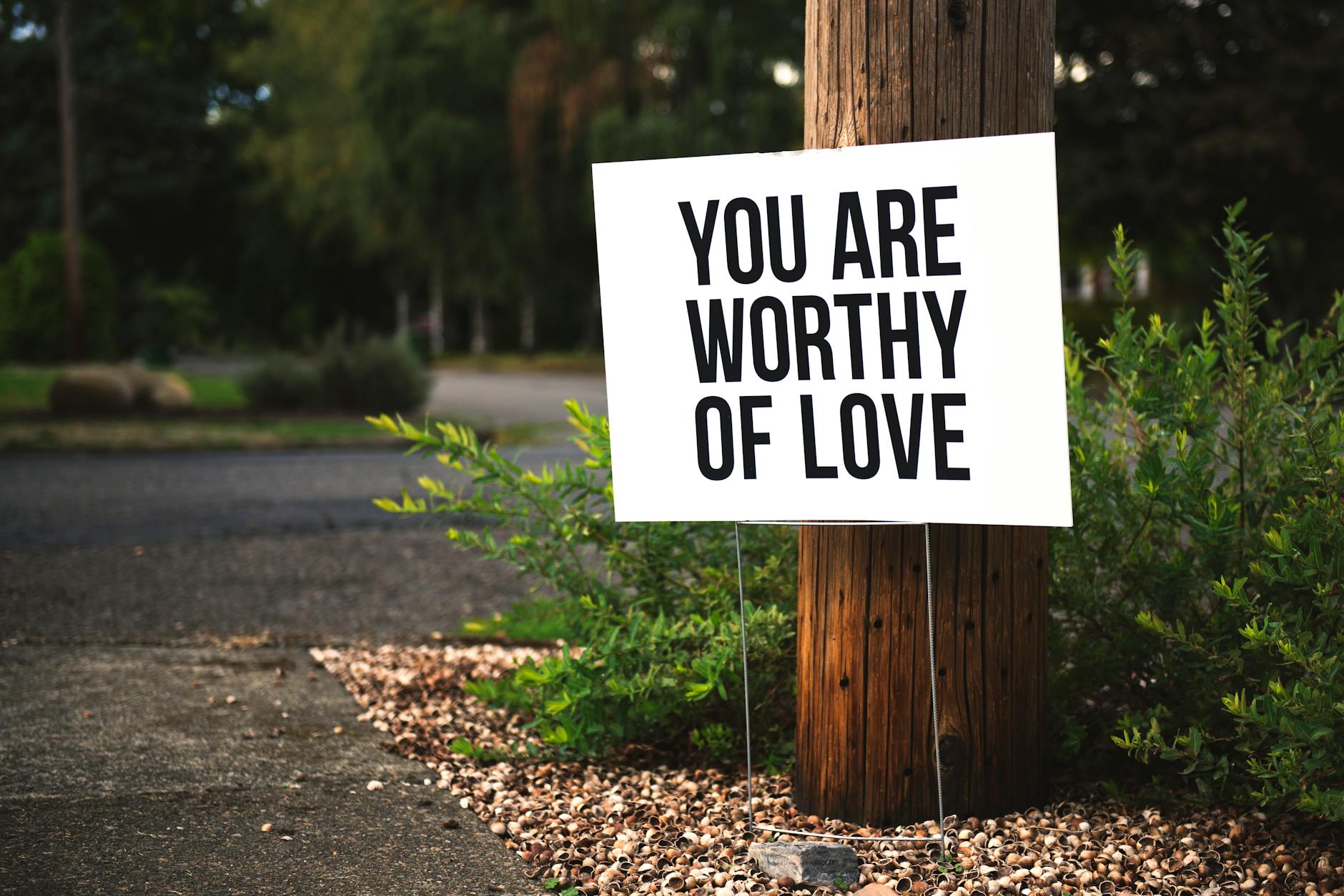 A positive message sign "You are worthy of love" in a park setting. - self compassion outdoors