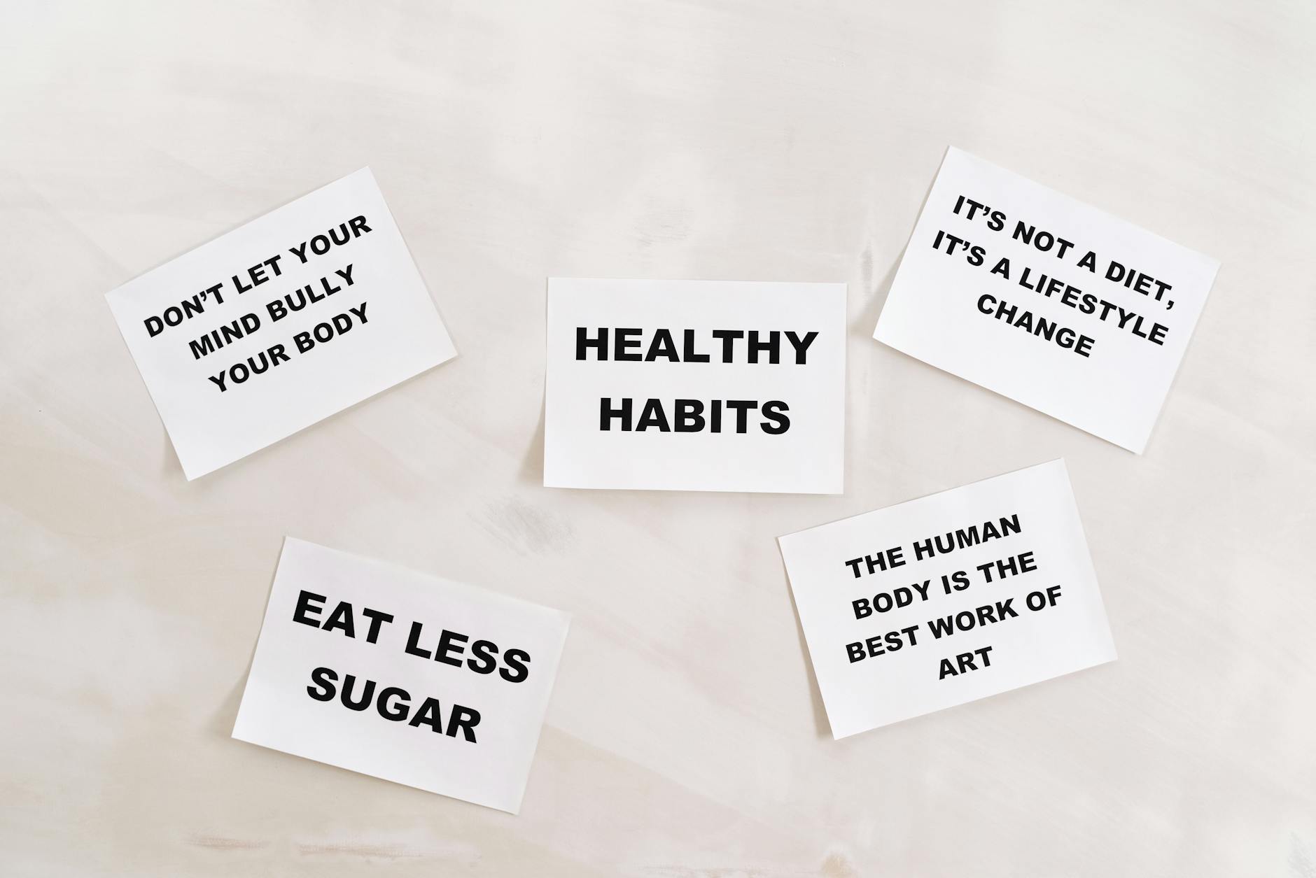 Collection of motivational cards promoting healthy habits and lifestyle on a minimalistic white background. - mental health habits